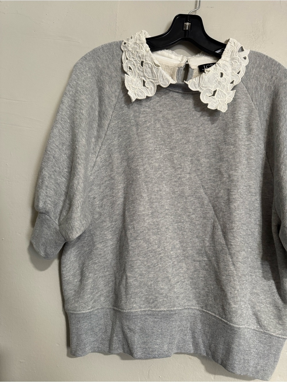 J. Crew Light Gray Puff-Sleeve Sweatshirt with White Floral Collar - Picture 7 of 16